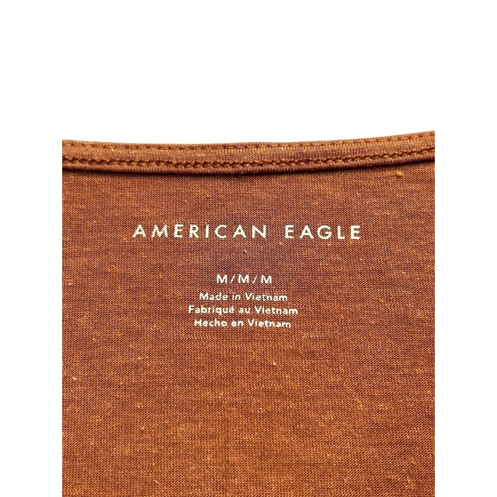 American Eagle Top Womens Size M Brown Waist Tie S/S Poly Linen Blend Stretch - Picture 4 of 8